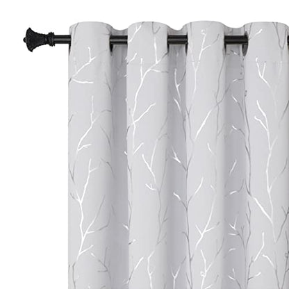 BUHUA White Bedroom Curtains 63 Inches Long, Room Darkening Blackout Curtains 2 Panel Sets, Elegant Silver Tree Branches Print Window Treament for Livingroom 38W x 63L, Greyish White - color: Greyish White, size: 38"W x 63"L (Pack of 2)