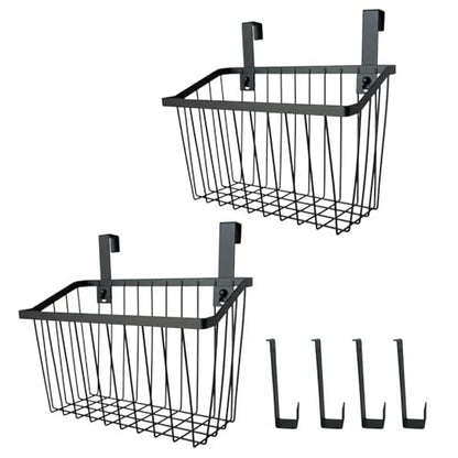 LeleCAT Grid Storage Baskets with Hooks, Over Cabinet Door Organizer, Wire Basket Hanging Storage Organizer, Kitchen Bathroom Organizer (Black, Large) - size: Large