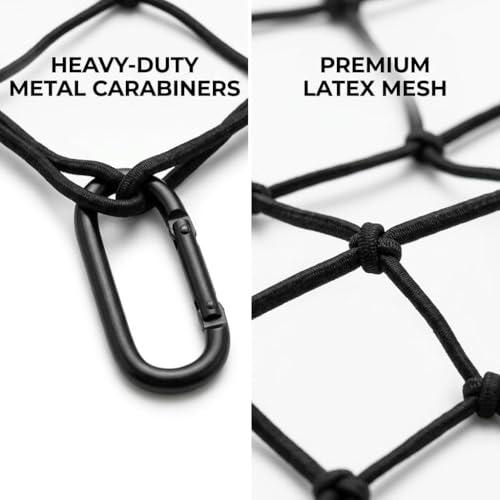Heavy Duty Latex Cargo Net for Pickup Truck Bed 5'x7' to 10'x14' Stretch - Bungee Mesh Tie Down System with 10 Metal Carabiners & 16ft Strap for Highway Moving Camping - size: Large 1.5x2.1m