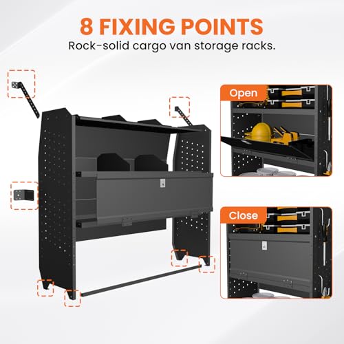 Adjustable Cargo Van Shelving with Lockable Door and Hooks, Heavy Duty Steel Storage 52" W x 46" H x 13" D, Fits Transit, ProMaster, Chevy Express, GMC Savana, Sprinter, Low/Mid/High Roof - size: 52" W x 46" H x 13" D