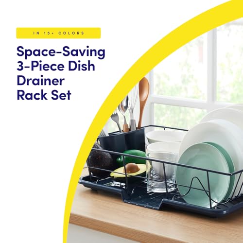 Sweet Home Collection Space-Saving 3-Piece Dish Drainer Rack Set: Efficient Kitchen Organizer for Quick Drying and Storage - Includes Cutlery Holder and Drainboard - Maximize Countertop Space, Navy - color: Navy