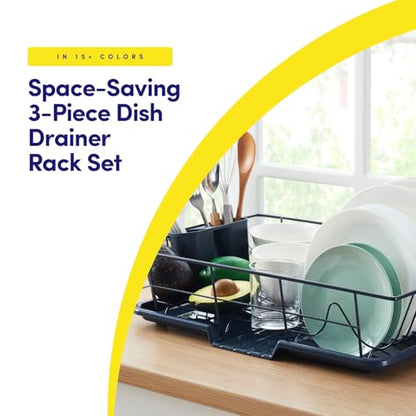 Sweet Home Collection Space-Saving 3-Piece Dish Drainer Rack Set: Efficient Kitchen Organizer for Quick Drying and Storage - Includes Cutlery Holder and Drainboard - Maximize Countertop Space, Navy - color: Navy