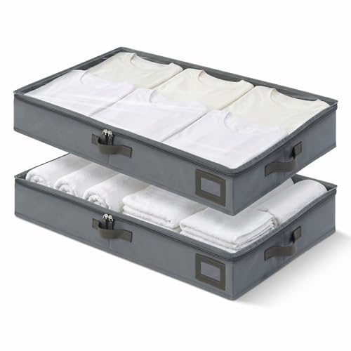 4" Low Profile Under Bed Storage Bins (2-Pack, Grey), Slim 600D Oxford Fabric Clothes Organizer Box with Reinforced Leather Handles, Sturdy Clear Lid - size: 4-Inch (2-PACK) - Slim