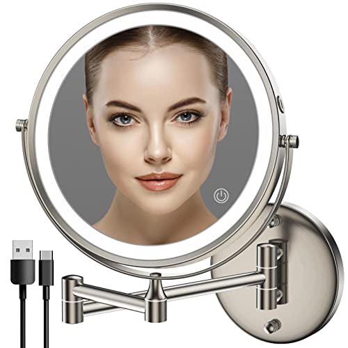 Rocollos Rechargeable Wall Mounted Lighted Makeup Mirror, 8 Inch Double-Sided LED Vanity Mirror 1X/10X Magnification,3 Color Lights Touch Screen Dimmable 360°Swivel 13 Inch Extendable - color: 8 Inch Nickel