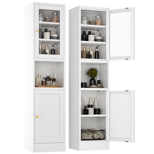 YAUWOH Metal Storage Cabinet with Glass Door, Tall Slim Pantry Organizer with 3 Adjustable Shelves (120LBS/Shelf), Anti-Tipping Waterproof Cabinet for Kitchen/Home Office/Small Spaces,(1PC,White) - color: White, size: 67"H-Glass Doors