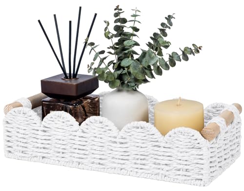 CubesLand Toilet Paper Storage Basket Organizer, Small Wicker Toilet Tank Top Decorative Baskets for Countertop, Handwoven Scalloped Basket w/handle for Home Decor, Living Room, Bedroom, White - color: White, size: s - 12.99 X 6.3 X 3.15in