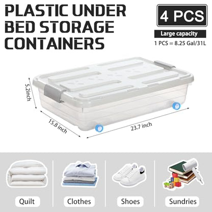 Beeveer 4 Pcs Plastic Under Bed Storage Containers with Lid Wheel Handle, Transparent Large Capacity Stackable Latching Storage Bins for Closet Bedroom Clothes Shoes Blanket(23.7 x 15.8 x 5.2,White) - color: White