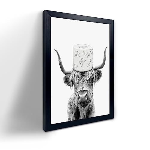 Toilet Paper On Head,Black Framed Funny Animal Prints, Vintage Black and White Rustic Style Cute Bathroom Cow Canvas Art Poster for Bathroom Restroom Decoration, Farmhouse Wall Decor - color: Highland Cow Prints, size: 12"L x 16"W
