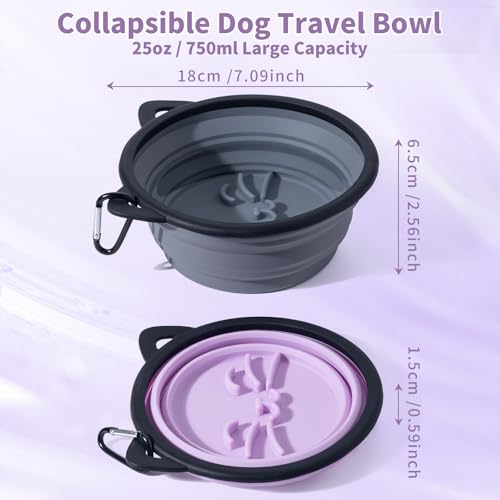 2Pack Silicone Collapsible Dog Bowls, Cute Pet Ear Shape and Cat Graphic Travel Water Bowl Full of Pet Atmosphere 25oz Portable Feeder for Small Large Dog Walking Hiking Camping (Purple and Grey) - color: Purple and Grey