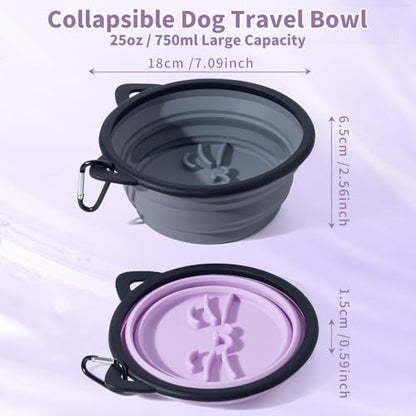 2Pack Silicone Collapsible Dog Bowls, Cute Pet Ear Shape and Cat Graphic Travel Water Bowl Full of Pet Atmosphere 25oz Portable Feeder for Small Large Dog Walking Hiking Camping (Purple and Grey) - color: Purple and Grey