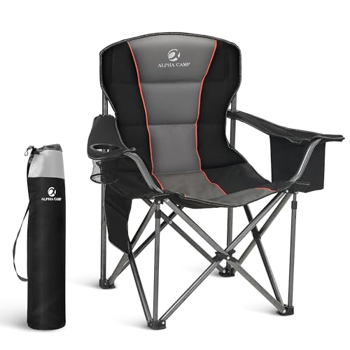 LET'S CAMP Folding Camping Chair Oversized Heavy Duty Padded Outdoor Chair with Cup Holder Storage and Cooler Bag, 450 LBS Weight Capacity, Thicken 600D Oxford - color: Black, size: Single Pack