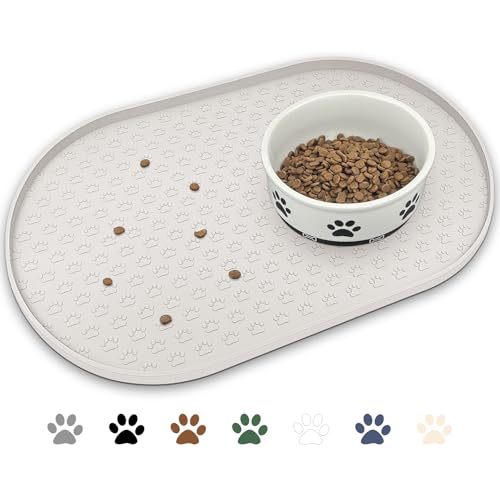 KPWACD Dog Food Mat Anti-Slip Bowl Mats for Food and Water, High-Lips Waterproof Pet Placemat Prevent Messy Spills to Floor, Silicone Puppy Feeding Trays for Large Medium Small Dogs Cats - color: Cream, size: 19"L x 12"W