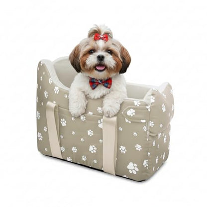 Dog Car Seat for Small Dogs (Under 15 lbs) – Center Console Pet Carrier with Safety Belt, Storage Pockets & Removable Washable Cover (Khaki Car Seat) - color: Khaki