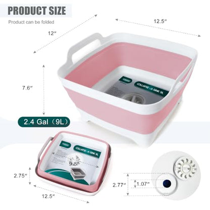 FOSJGO Collapsible Dish Basin with Drain Plug, 2.4 Gal (9L) Space-Saving Foldable Sink, Wash Basin for Kitchen, Baby Bottles, Vegetable Washing, Camping, RV and Party Beverage Tubs (Pink) - color: Pink