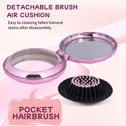 Shinning Diamond Design Folding Hair Brush Travel Hairbrush with Mirror,Pocket Foldable Comb Compact Brush for Purse for Girls and Women (Light Pink) - color: Diamond Light Pink