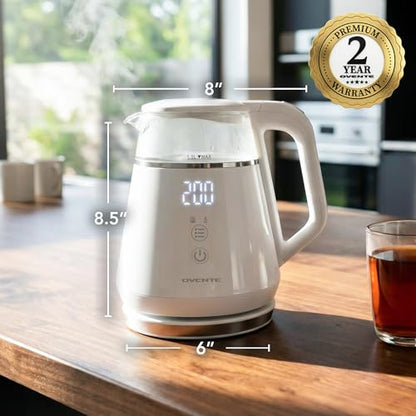 OVENTE 1L Small Electric Kettle with 5 Temperature Preset, Digital Display, 5Hr Keep Warm, Auto Shut-Off, Double-Wall Cool Touch Exterior, Borosilicate Glass,1500W BPA Free Water Boiler, White KD95W - color: White