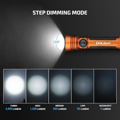 OLIGHT Seeker 4 Pro Rechargeable Flashlights, 4600 Lumens High Powerful Bright Light with USB C Holster, Waterproof IPX8 for Emergencies, Camping, Searching (Orange Cool White) - color: Orange