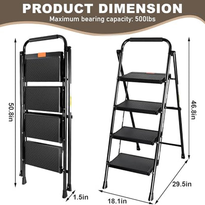 Valeo 4 Step Ladder, 4 Step Ladder for Adults with with Safe-Lock Design, Wide Anti-Slip Pedal, 500lbs Sturdy Steel Ladder, Step Stool Foldable with Cushioned Handle,Black - style: 4 Step Ladder