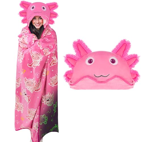 Axolotl Wearable Blanket Hoodie for Adults & Kids, Glow in the Dark Hooded Blanket, Soft Plush Flannel Oversized Pink Throw Wrap With Giant Hood, Axolotl Gifts for Women Girls Birthday Christmas - color: Pattern 01, size: Adult