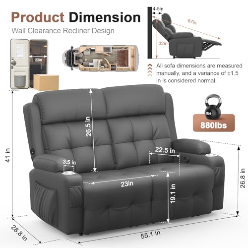 Reclining Loveseat, 55.1" RV PU Leather Wall Hugger Recliner Love Seats Sofa with Charging Station, Removable Armrest, Cup Holder, Double Recliners Couch, Manual Love Seat for Living Room - color: Dark Gray, size: Hera - Loveseat