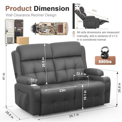 Reclining Loveseat, 55.1" RV PU Leather Wall Hugger Recliner Love Seats Sofa with Charging Station, Removable Armrest, Cup Holder, Double Recliners Couch, Manual Love Seat for Living Room - color: Dark Gray, size: Hera - Loveseat