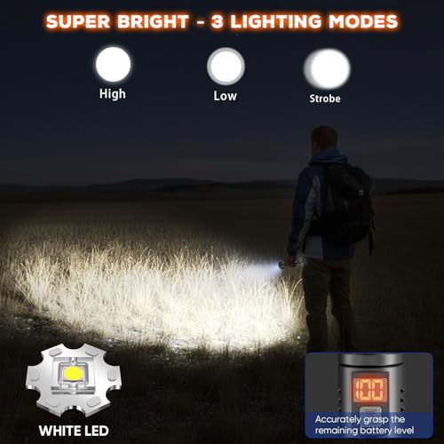 Rechargeable Flashlights with Side Light & Digital Power Display, Bright LED Flashlight with Warning Lights, 5 Modes & Waterproof for Emergency, Camping, Hiking and Home (Black - 2PCS) - color: Black - 2PCS