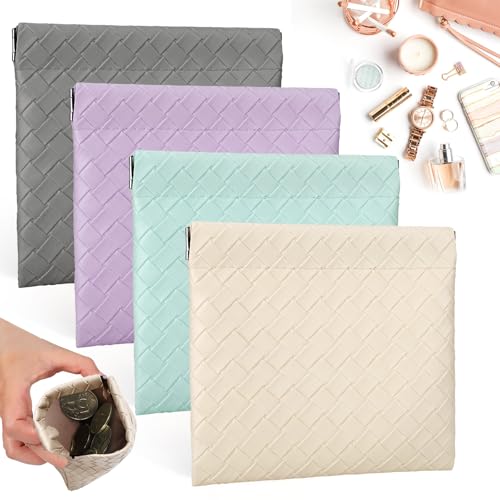 BUSOHA 4 PCS Small Makeup Bag for Purse - Mini Portable Cosmetic Bags for Women, Weave Coin Purse Lipstick Cosmetic Accessories Organizer, Small Travel Kit Storage Pouch - color: Blue+Gray+Beige+Purple