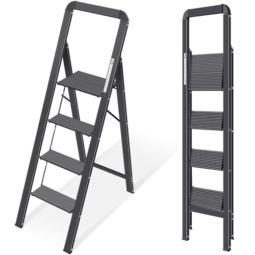 KINGRACK Aluminium 4 Step Ladder, Lightweight Step Stool with Non-Slip Pedals, Handrail, Foldable Step Ladder for Kitchen, Garage, Home, Space Saving, Sturdy and Portable, Black - color: Black, size: 4-step with Handrail