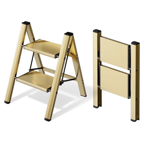 HillhutApex 2 Step Ladder, Lightweight Portable 2 Step Stool with Anti-Slip Wide Pedal,330lbs Capacity Aluminum Ladder for Household,Office,Library(Gold) - color: Gold, size: 2 Step