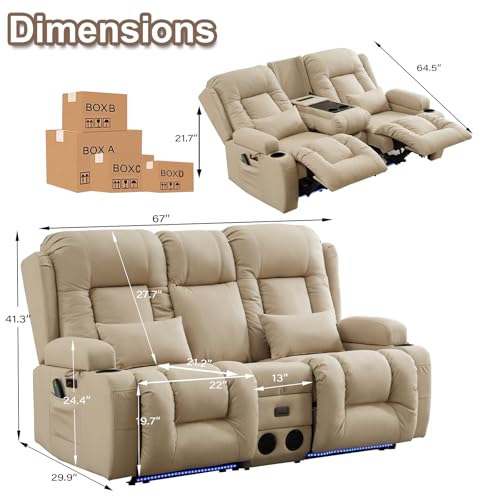 TUNYI Power Loveseat Recliner Sofa with Massage & Heat Home Theater Seating with Console RV Recliner Loveseat Sofa with USB/Storage/Side Pocket/LED Light/Speaker (Beige, Loveseat) - color: Beige, size: 2 Seat