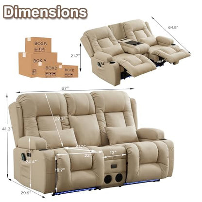 TUNYI Power Loveseat Recliner Sofa with Massage & Heat Home Theater Seating with Console RV Recliner Loveseat Sofa with USB/Storage/Side Pocket/LED Light/Speaker (Beige, Loveseat) - color: Beige, size: 2 Seat