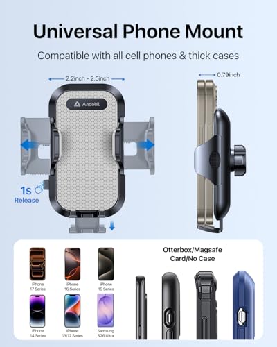 andobil Car Phone Holder, 2026 Military-Grade 89lbs Strongest Suction Phone Holders for Your Car Dashboard/Windshield/Vent Easy Clamp Cellphone Holder Truck Stand for iPhone 17 16 15 Pro Samsung Grey - color: Grey