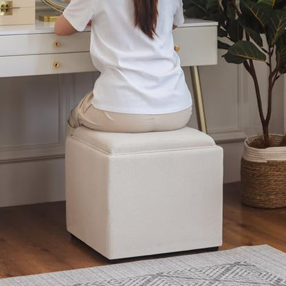 Adeco 17-inch Square Storage Ottoman with Reversible Tray Top, Upholstered Fabric Cube Footrest Stool & Coffee Table for Living Room, Bedroom, and Small Spaces, Beige - color: Beige With Tray