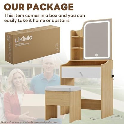 LIKIMIO Small Makeup Vanity Desk with Mirror and Lights, Vanity Table Set with Storage Drawer, Chair and Three Shelves, Bedroom, Wood - color: Wood