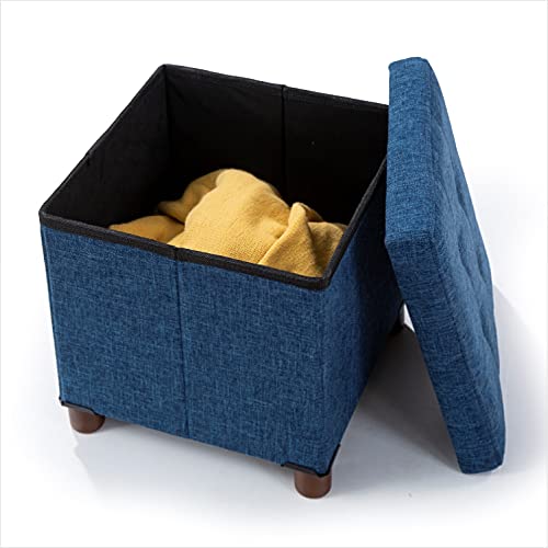 15 Inch Storage Ottoman with Wooden Legs - Cube Foot Rest Stool, Square Footstool, Comfortable Seat with Lid, Foldable Fabric Ottoman, Space-Saving Navy - color: Squ Blue