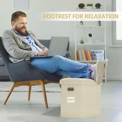 Tall Ottoman with Storage Collapsible Fabric Small Slim Folding Ottoman Furniture with Handles Lid for Room Footrest Foot Stool Linen Beige 16.5x16.5x11.8in - color: Beige