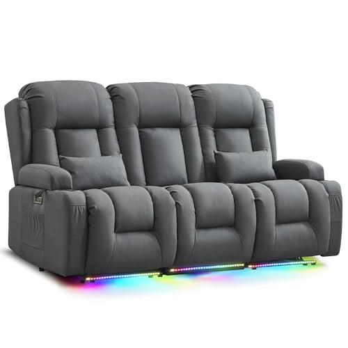 URRED Power Loveseat Recliner Sofa with Massage and Heat, Wall Hugger Reclining Loveseat with Console, RV Couch Home Theater Seating with LED Lights for Living Room (Blue Grey, 76.8" - 3 Seats) - color: Blue Grey, size: 76.8" - 3 Seats