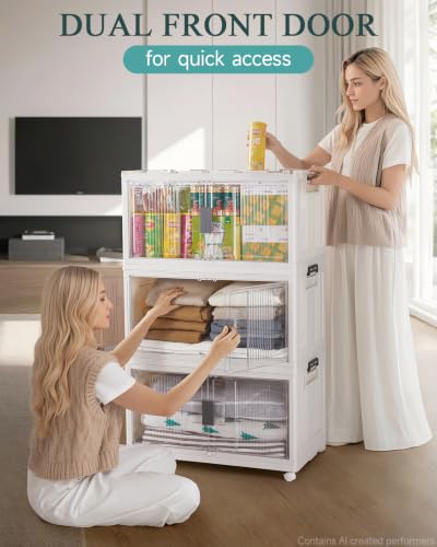 OlarHike 97QT Lockable Stackable Storage Bins with Lids - Folding Box with Doors & Wheels, Collapsible Plastic Cabinets for Closets and Organization, Garage, Office, College, School, Shelves, 4 Pack - size: 97QT-White, style: 4Pack
