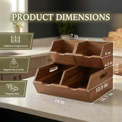 Acacia Wood Potato and Onion Storage Bins Set of 3, Stackable Pantry Organizer Baskets for Kitchen Counter, Open-Front Produce Holder Keeps Vegetables Fresh