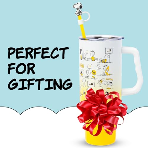 Silver Buffalo Peanuts Iconic Scenes Charlie Brown, Snoopy, Woodstock, Lucy, Sally, Linus Double Walled Stainless Steel Tumbler with Handle, Straw, & Straw Cap, Fits in Standard Cup Holder, 40 Ounces - color: Peanuts Iconic Scenes
