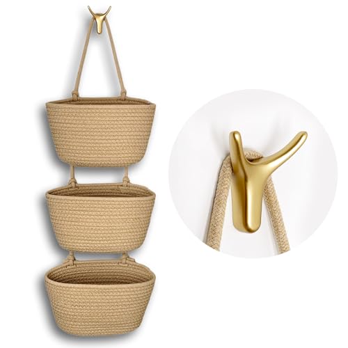 3-Tier Decorative Cotton Rope Hanging Basket, Wall-Mounted Woven Storage Organizer Bag, Jute - color: Jute