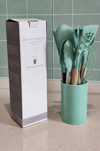 Silicone Kitchen Utensil Set with Wooden Handles – 12 Pieces + Holder, Heat Resistant, Non-Stick Cooking Tools (Multiple Colors (mint green) - color: Mint Green