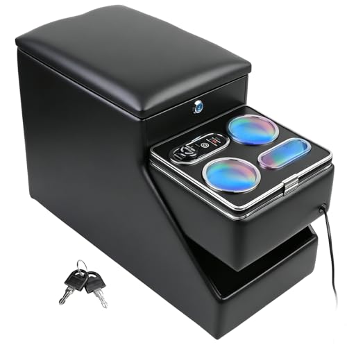 Center Console Organizer for Minivans, SUVs & Middle Van Seats - Floor-Mounted Lockable Storage Box with Dual Cup Holders & 7-Color Ambient Light, Ideal for Vehicle Interior