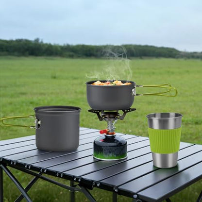 aiGear 8pcs Camping Cooking Set for 1-2 People with Pot Cutlery Stove Stand | Lightweight aluminum nonstick cookware, folding handles, nesting design, portable for camping, picnic, hiking, backpacking - color: Green