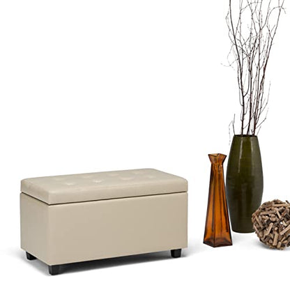 SIMPLIHOME Cosmopolitan Storage Ottoman - 34 inch Wide Upholstered Vegan Leather Rectangle Storage Ottoman Bench in Satin Cream, Transitional Tufted Ottoman for Living Room with Lift-Up Lid - color: Satin Cream