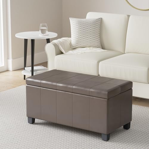 SIMPLIHOME Dover Storage Ottoman Bench - 36 inch Wide Upholstered Vegan Leather Rectangular Lift-Top Ottoman in Chocolate Brown, Contemporary Bench for Living Room with Safety Hinges - color: Chocolate Brown