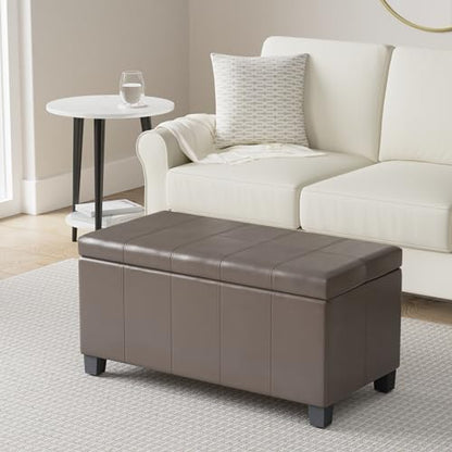 SIMPLIHOME Dover Storage Ottoman Bench - 36 inch Wide Upholstered Vegan Leather Rectangular Lift-Top Ottoman in Chocolate Brown, Contemporary Bench for Living Room with Safety Hinges - color: Chocolate Brown