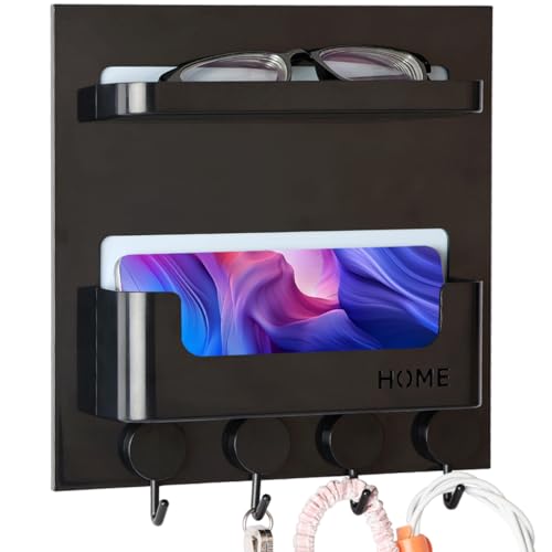 Updated Bedside Shelf Wall Mount Phone Holder Organizer Stick On Adhesive Damage Free Hanging Strips 4 Hooks Teenager Dorm Room Essentials Decoration Gasses Remotes Keys Snacks (Black) - color: Black