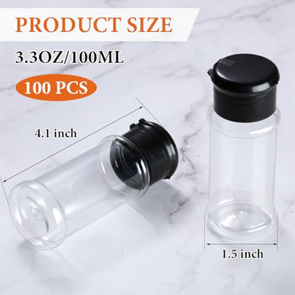 Amyhill 100 Pcs Plastic Spice Bottles Spice Jars Seasoning Jars Shaker Plastic Jars 3.3 Oz/ 100ml Seasoning Shaker with Shaker Lids(Black Lid) - color: Black Lid