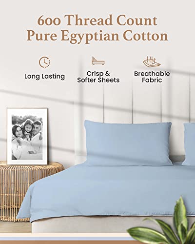 Olympic Queen Sheets Set, 100% Egyptian Cotton, Luxury 600 Thread Count, 4 Pc Super Queen Sheets Sets, Soft & Breathable, Snug Fit,16" Deep Pocket Fitted Sheet, 2 Pillowcases & 1 Flat Sheet,Light Blue - color: Light Blue, size: Olympic Queen (66 x 80)